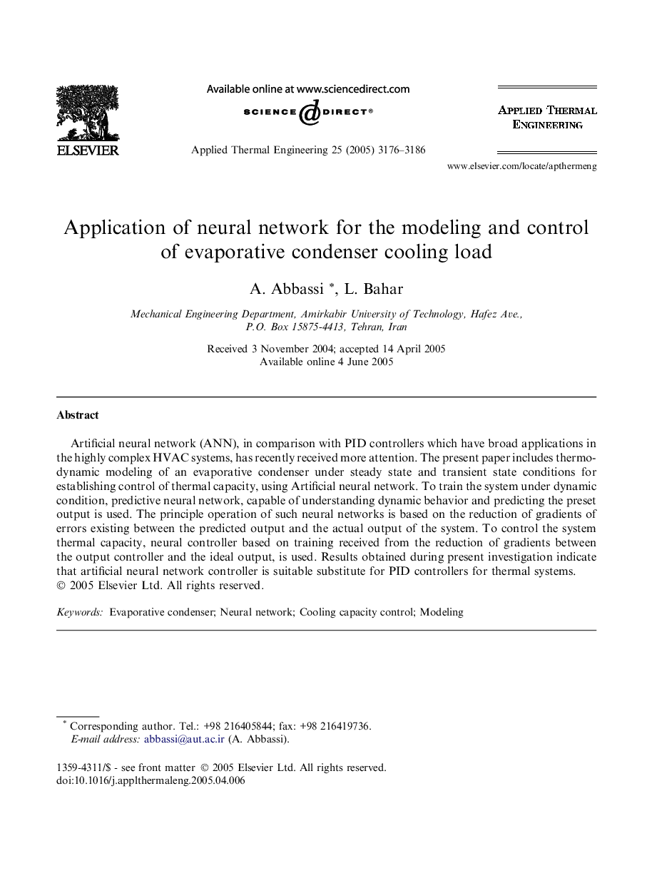 Application of neural network for the modeling and control of evaporative condenser cooling load