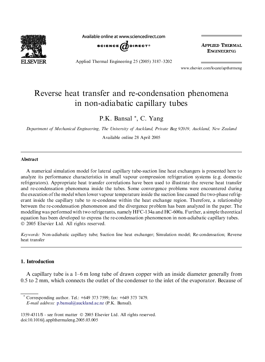 Reverse heat transfer and re-condensation phenomena in non-adiabatic capillary tubes