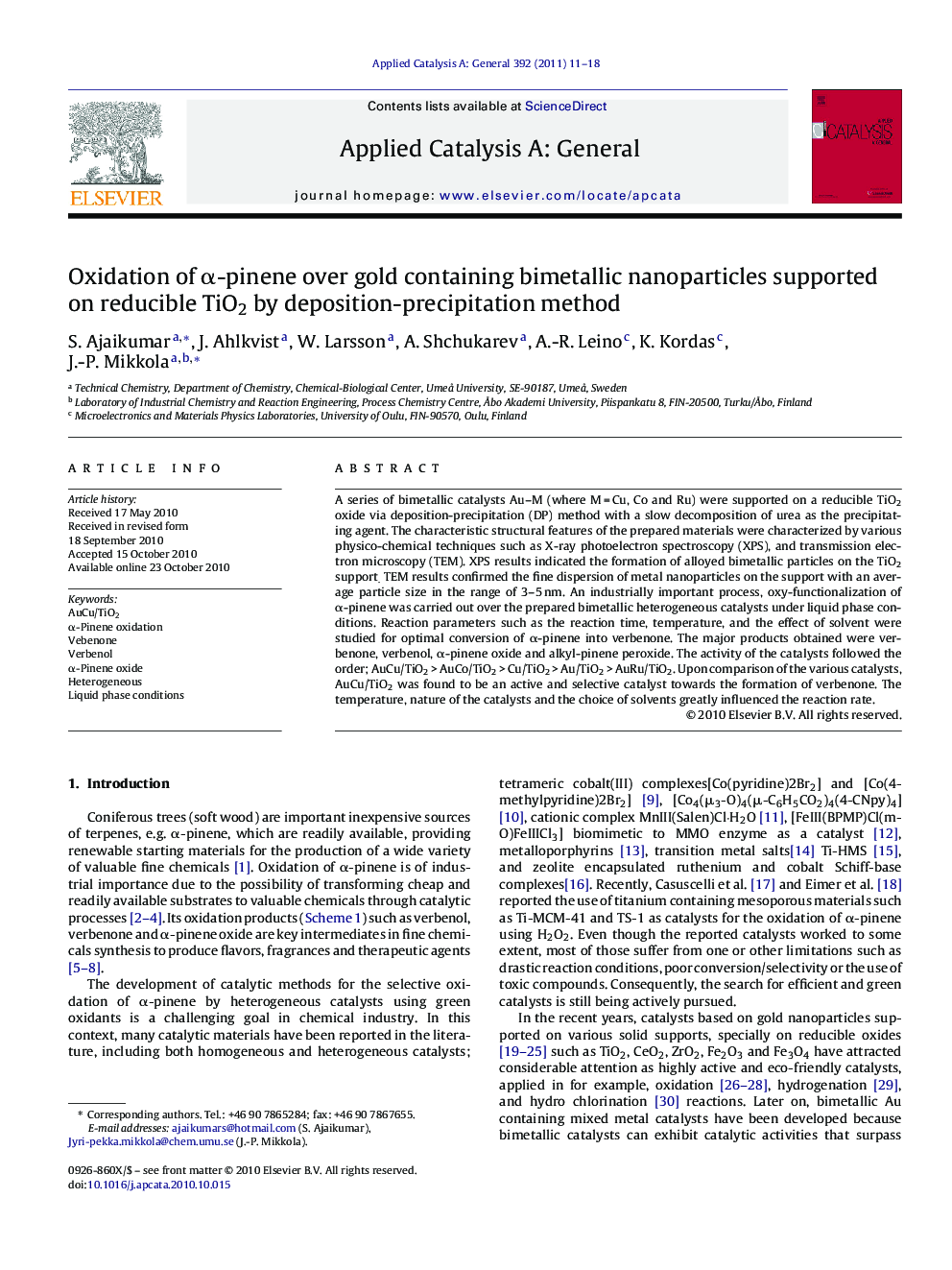 Oxidation of Î±-pinene over gold containing bimetallic nanoparticles supported on reducible TiO2 by deposition-precipitation method