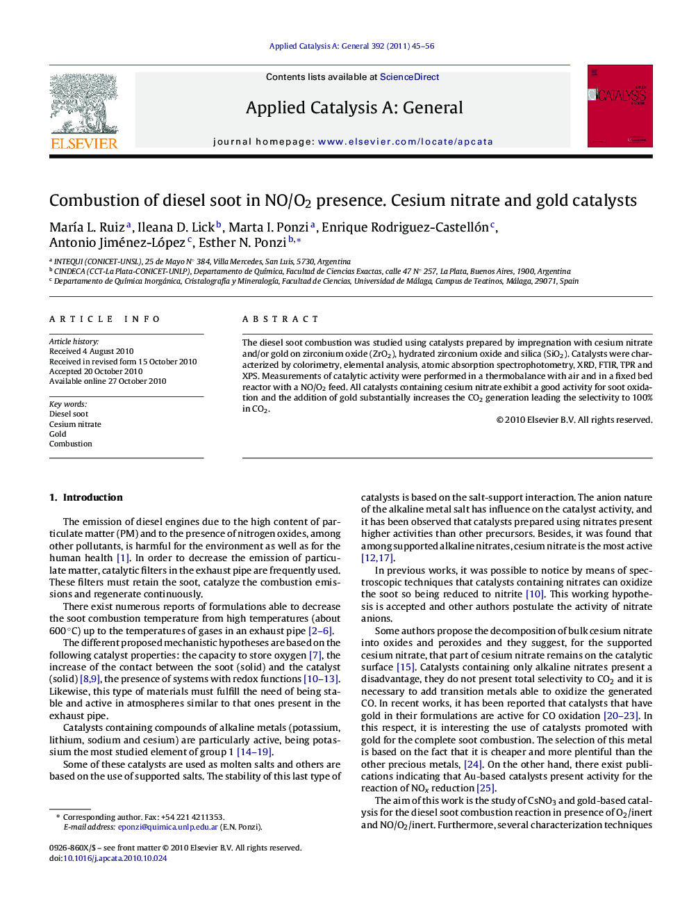 Combustion of diesel soot in NO/O2 presence. Cesium nitrate and gold catalysts