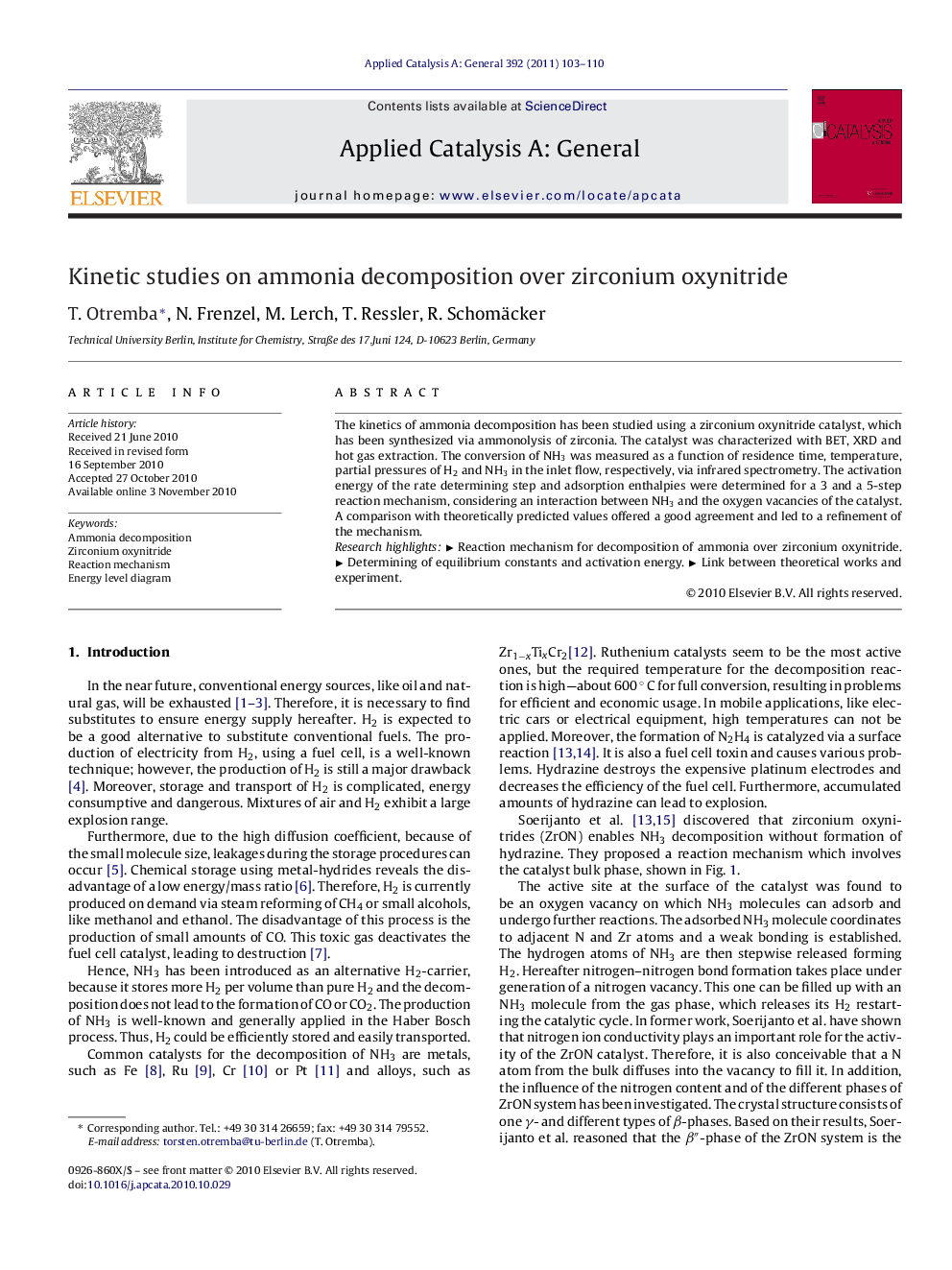 Kinetic studies on ammonia decomposition over zirconium oxynitride