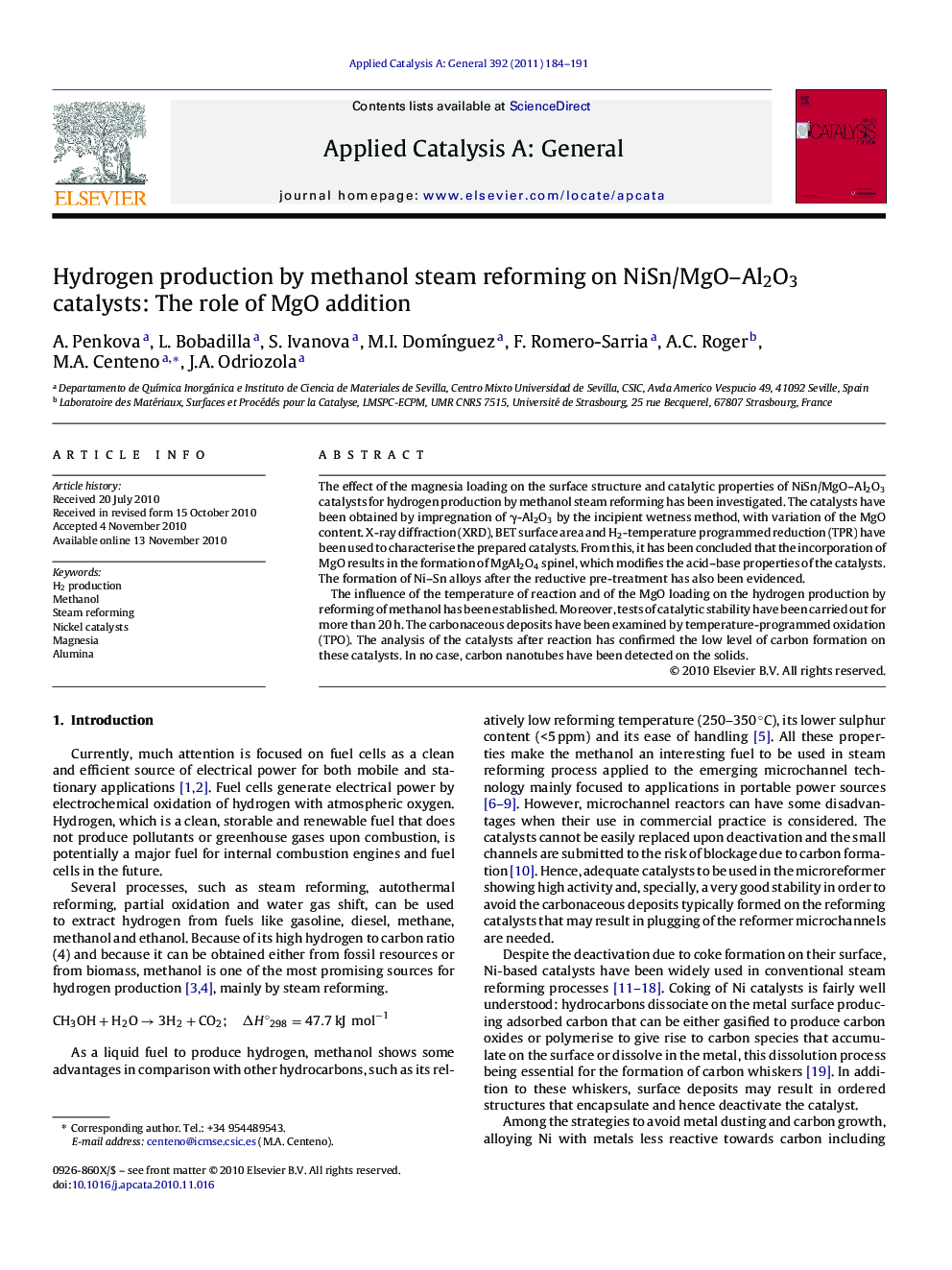 Hydrogen production by methanol steam reforming on NiSn/MgO-Al2O3 catalysts: The role of MgO addition