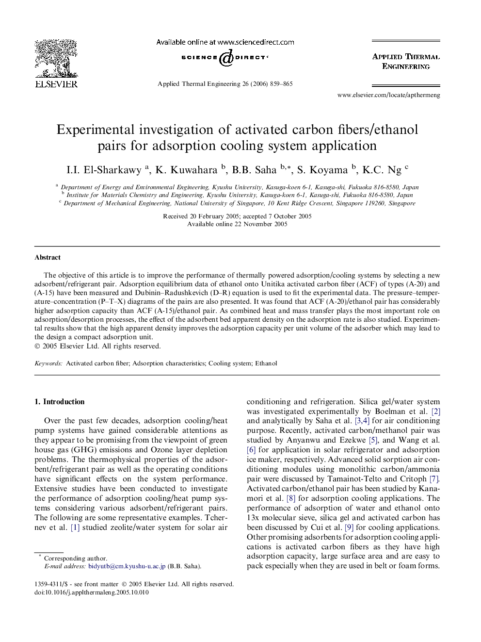 Experimental investigation of activated carbon fibers/ethanol pairs for adsorption cooling system application