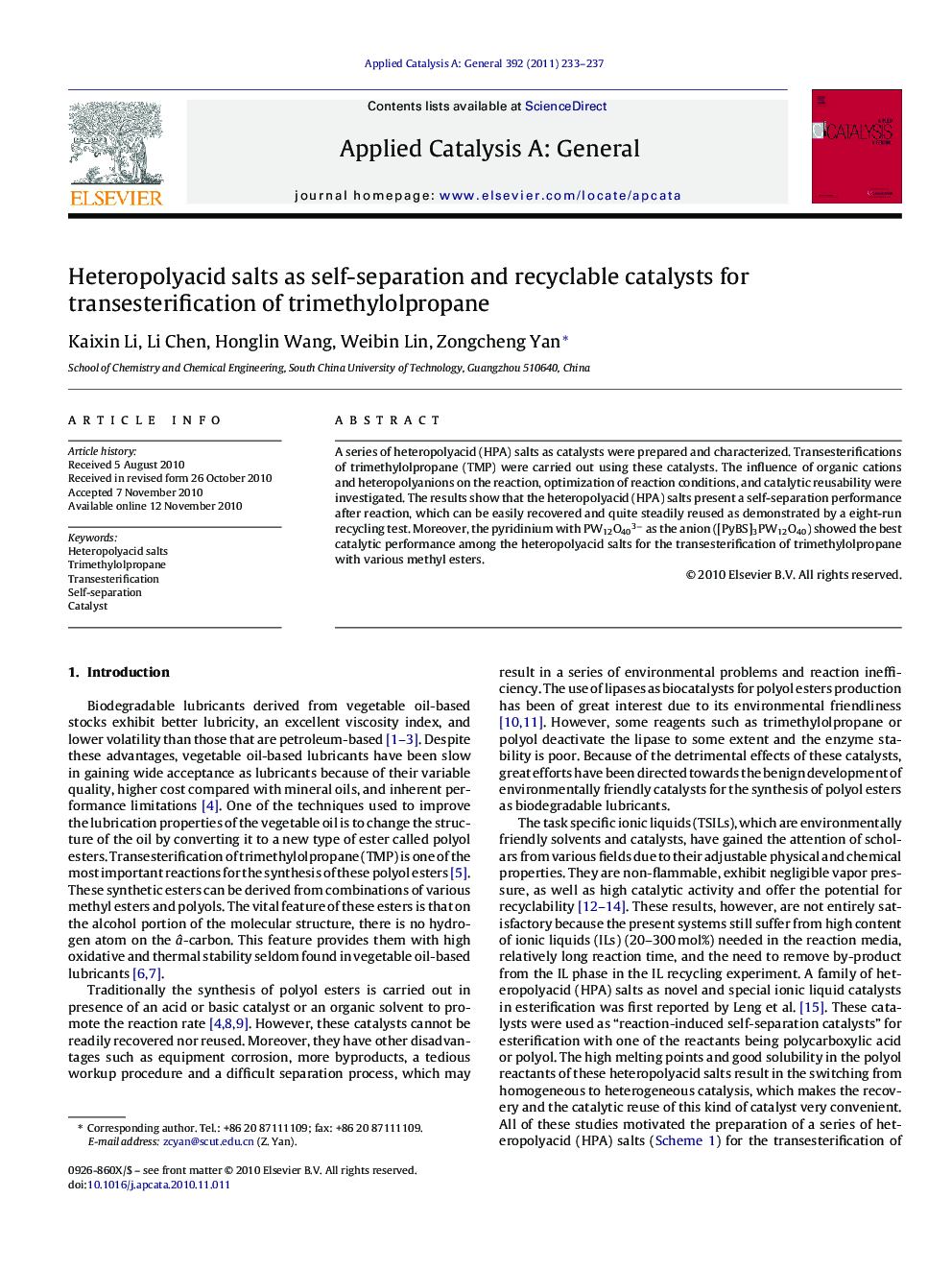 Heteropolyacid salts as self-separation and recyclable catalysts for transesterification of trimethylolpropane