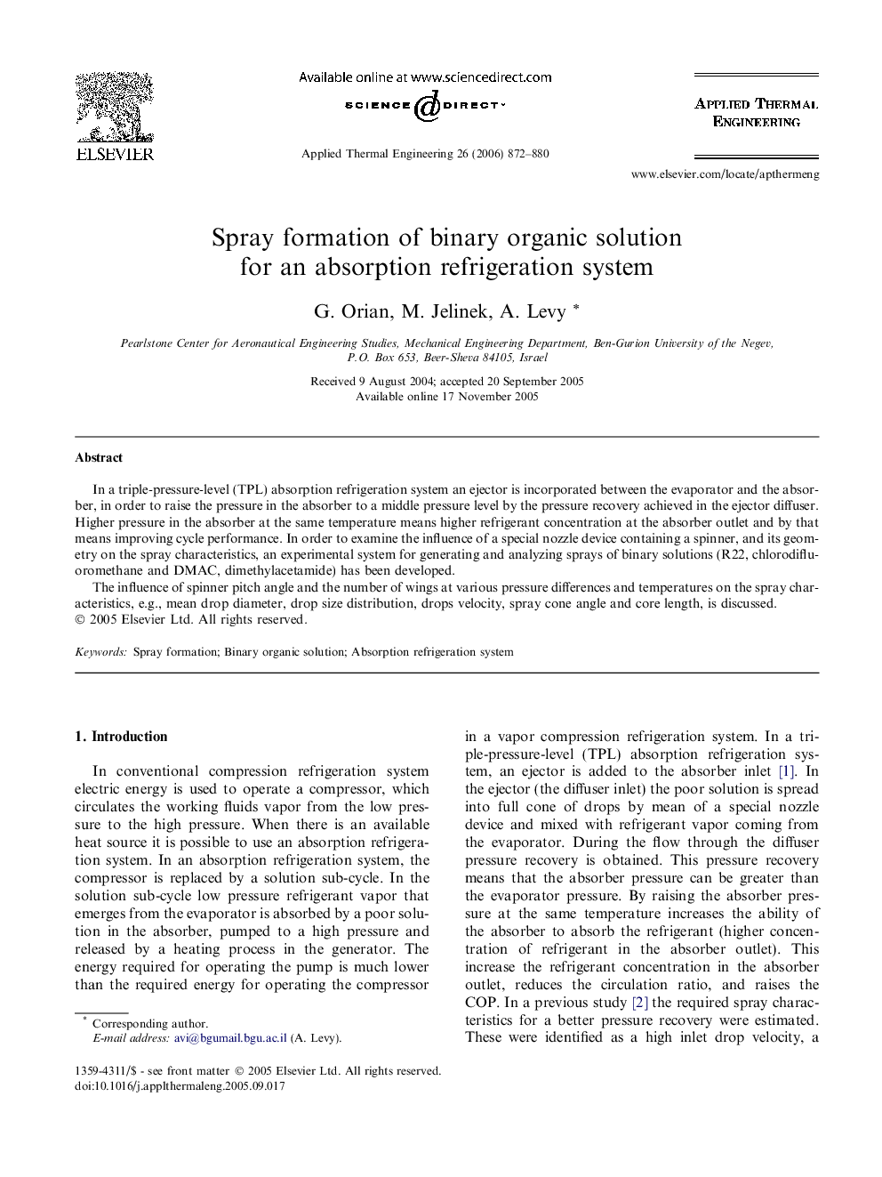 Spray formation of binary organic solution for an absorption refrigeration system