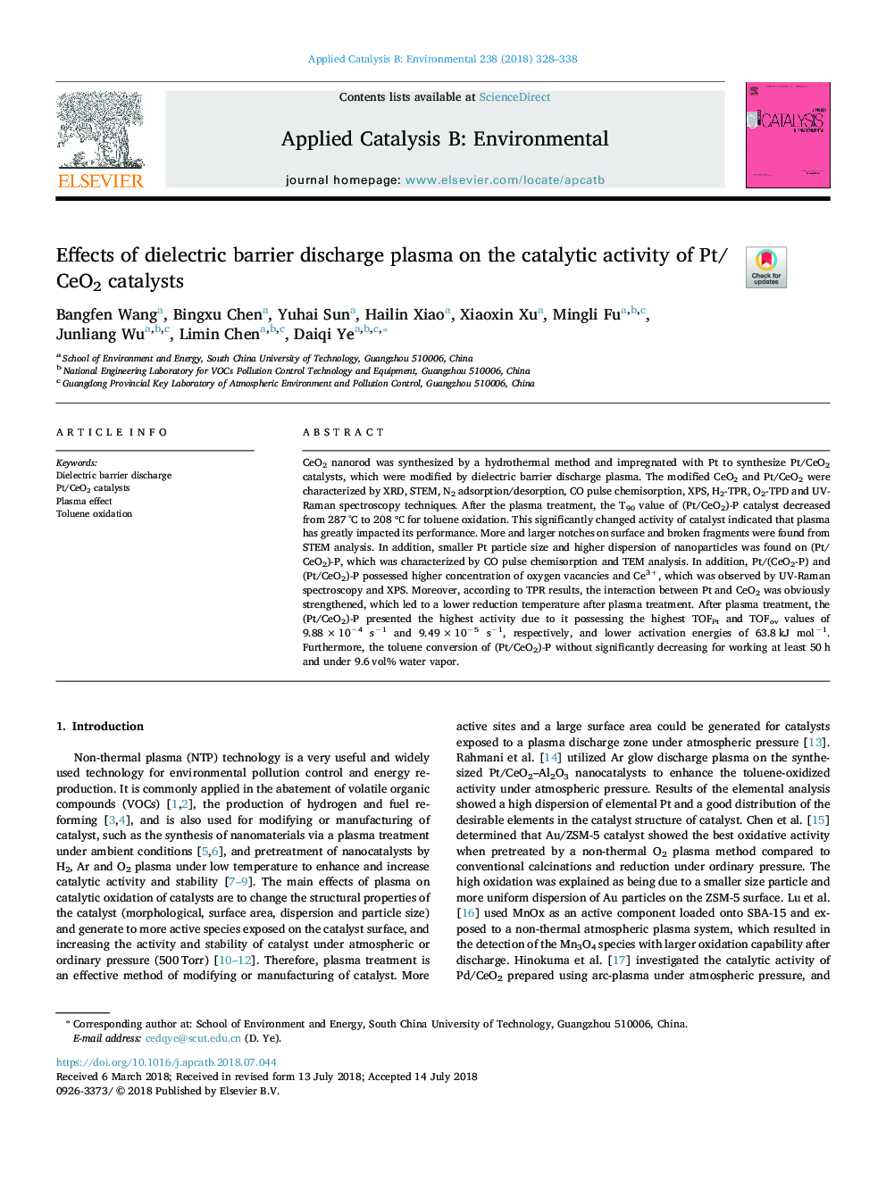 Effects of dielectric barrier discharge plasma on the catalytic activity of Pt/CeO2 catalysts