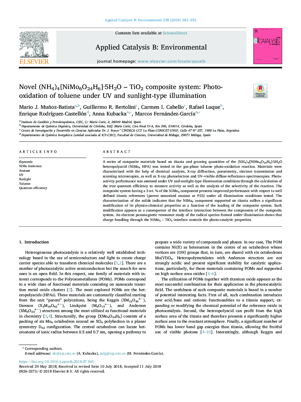 Novel (NH4)4[NiMo6O24H6]Â·5H2O - TiO2 composite system: Photo-oxidation of toluene under UV and sunlight-type illumination