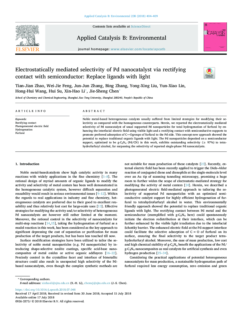 عکس صفحه اول مقاله: Electrostatically mediated selectivity of Pd nanocatalyst via rectifying contact with semiconductor: Replace ligands with light Electrostatically mediated selectivity of Pd nanocatalyst via rectifying contact with semiconductor: Replace ligands with light
