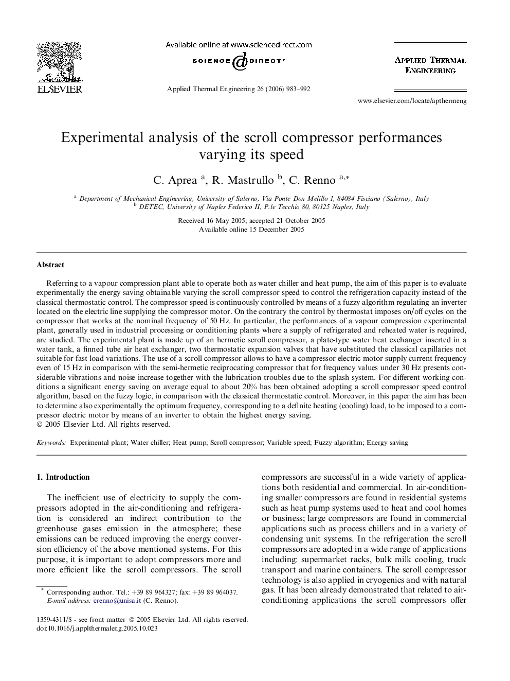 Experimental analysis of the scroll compressor performances varying its speed