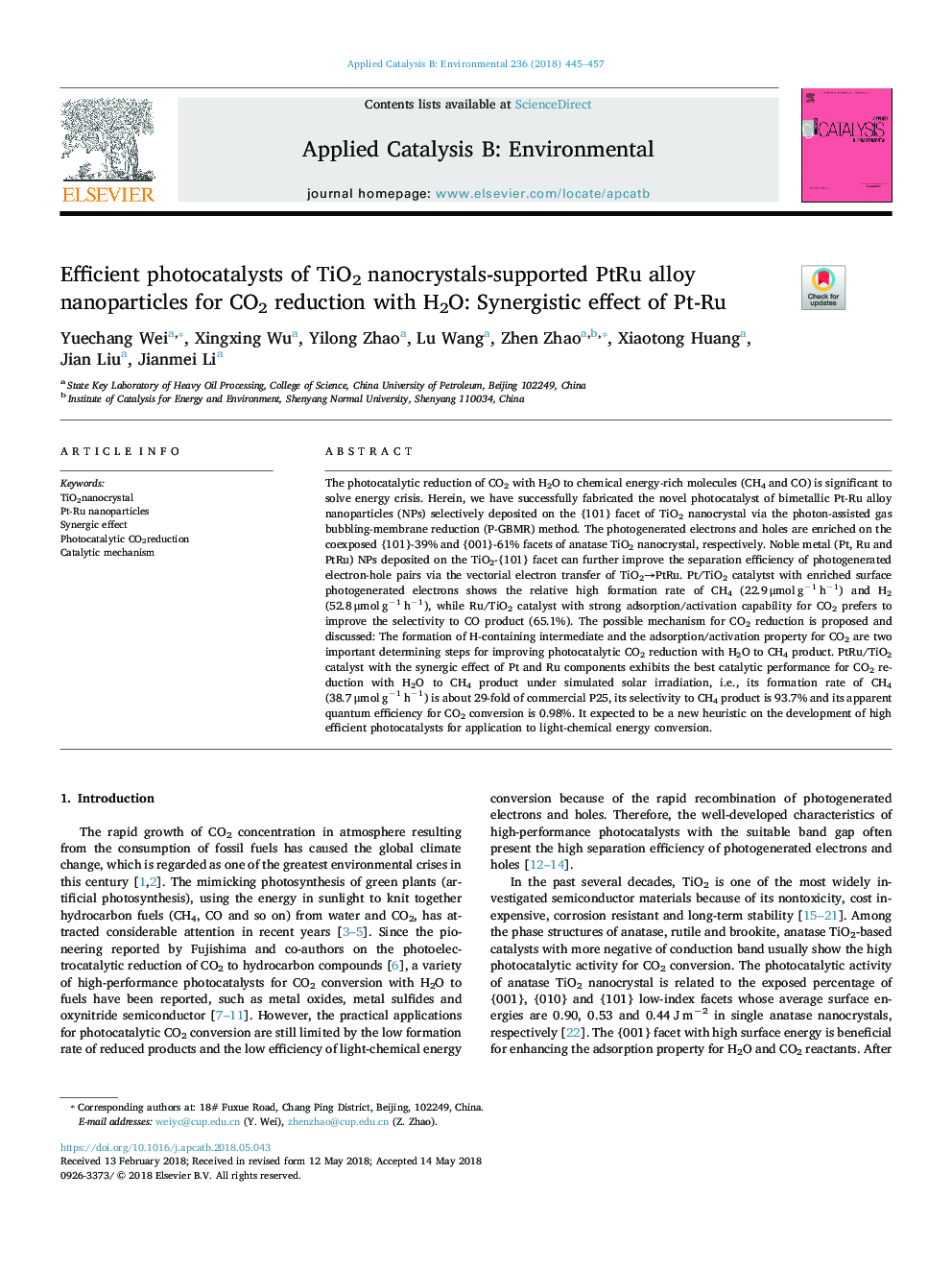 Efficient photocatalysts of TiO2 nanocrystals-supported PtRu alloy nanoparticles for CO2 reduction with H2O: Synergistic effect of Pt-Ru