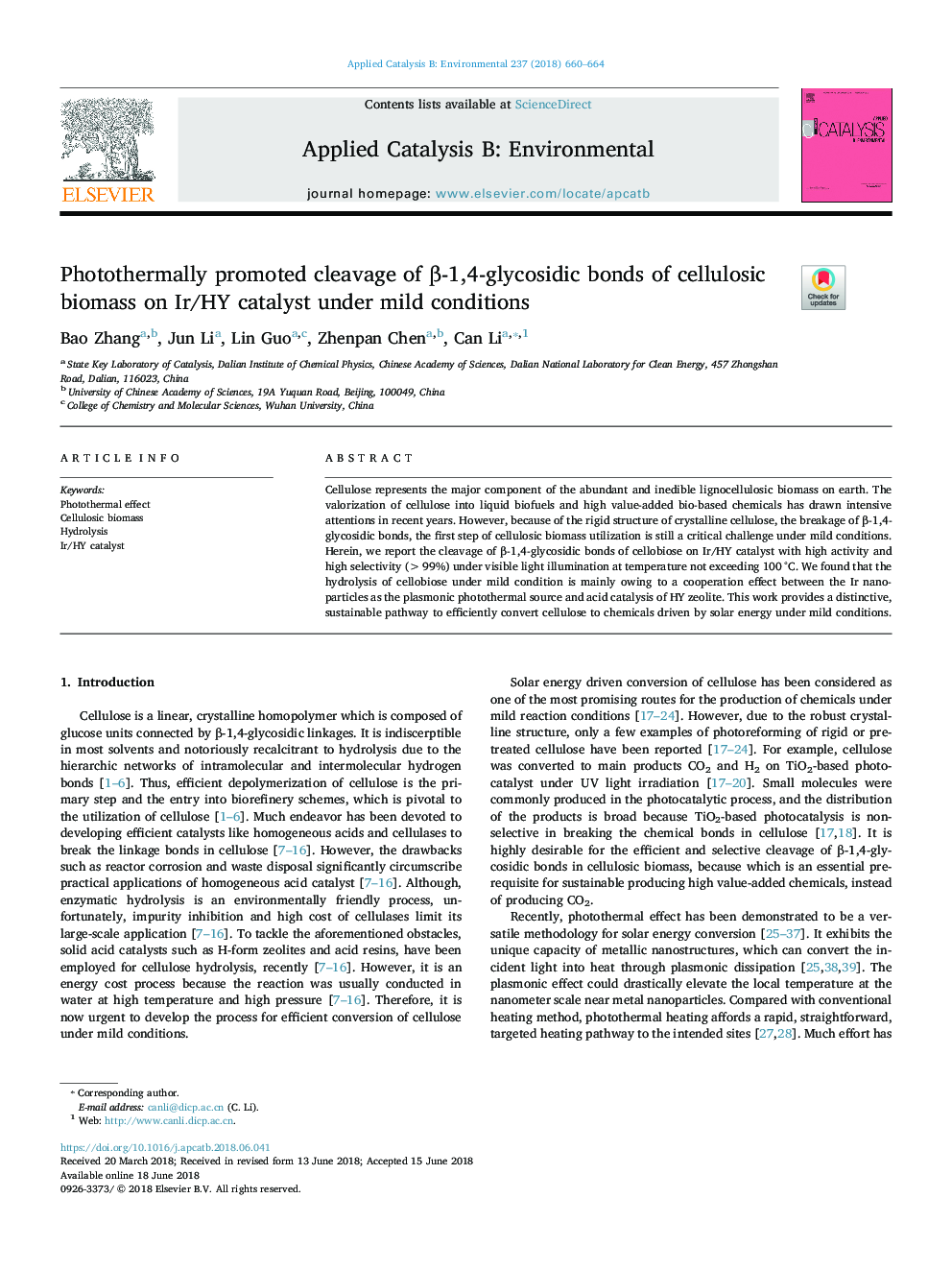 عکس صفحه اول مقاله: Photothermally promoted cleavage of β-1,4-glycosidic bonds of cellulosic biomass on Ir/HY catalyst under mild conditions Photothermally promoted cleavage of β-1,4-glycosidic bonds of cellulosic biomass on Ir/HY catalyst under mild conditions