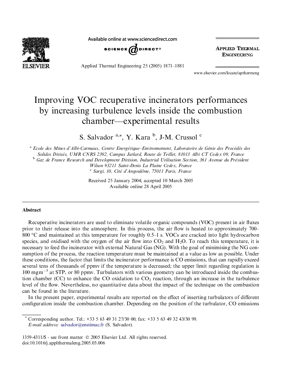 Improving VOC recuperative incinerators performances by increasing turbulence levels inside the combustion chamber—experimental results