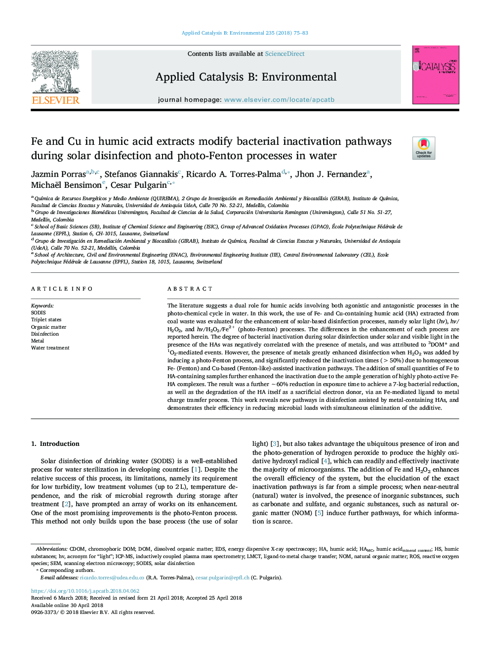 Fe and Cu in humic acid extracts modify bacterial inactivation pathways during solar disinfection and photo-Fenton processes in water