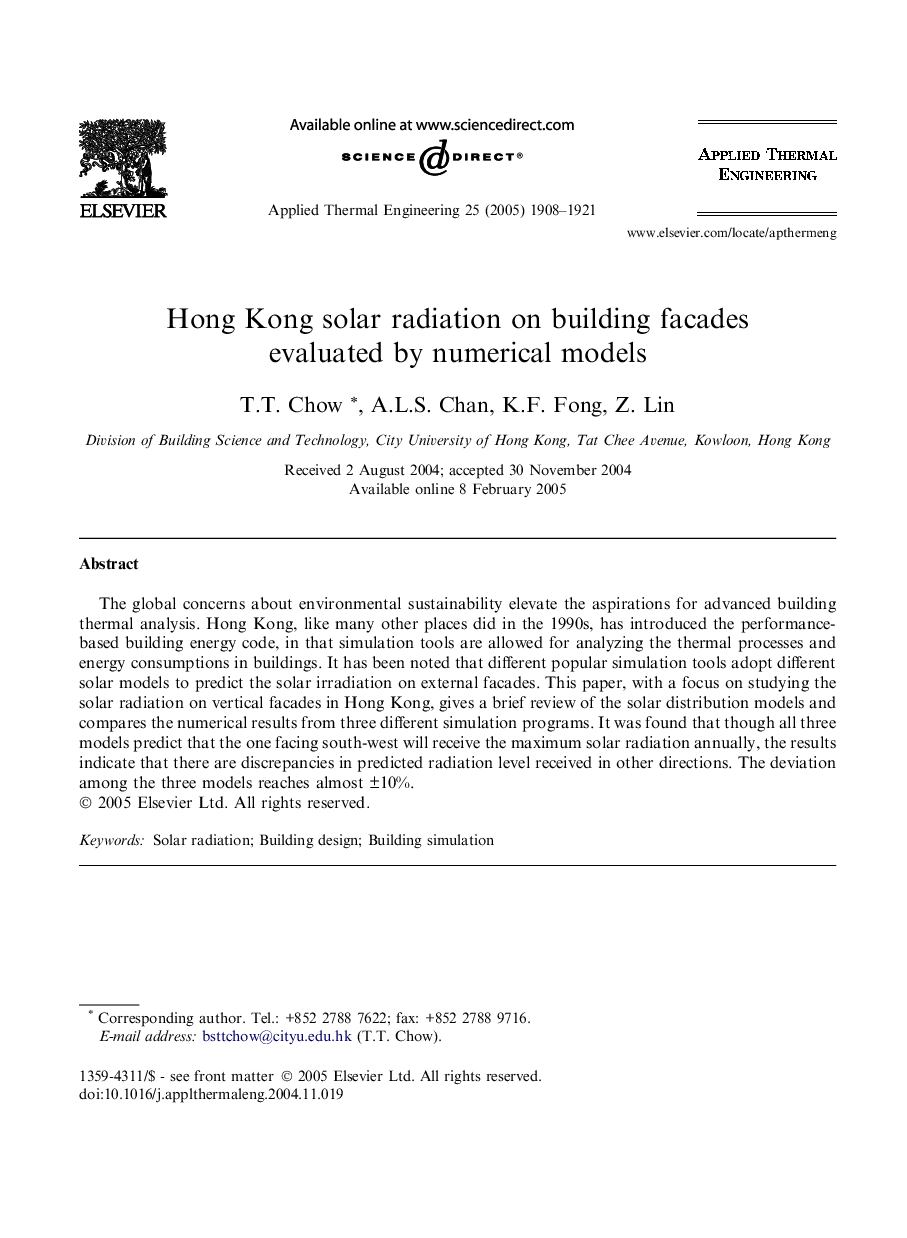 Hong Kong solar radiation on building facades evaluated by numerical models