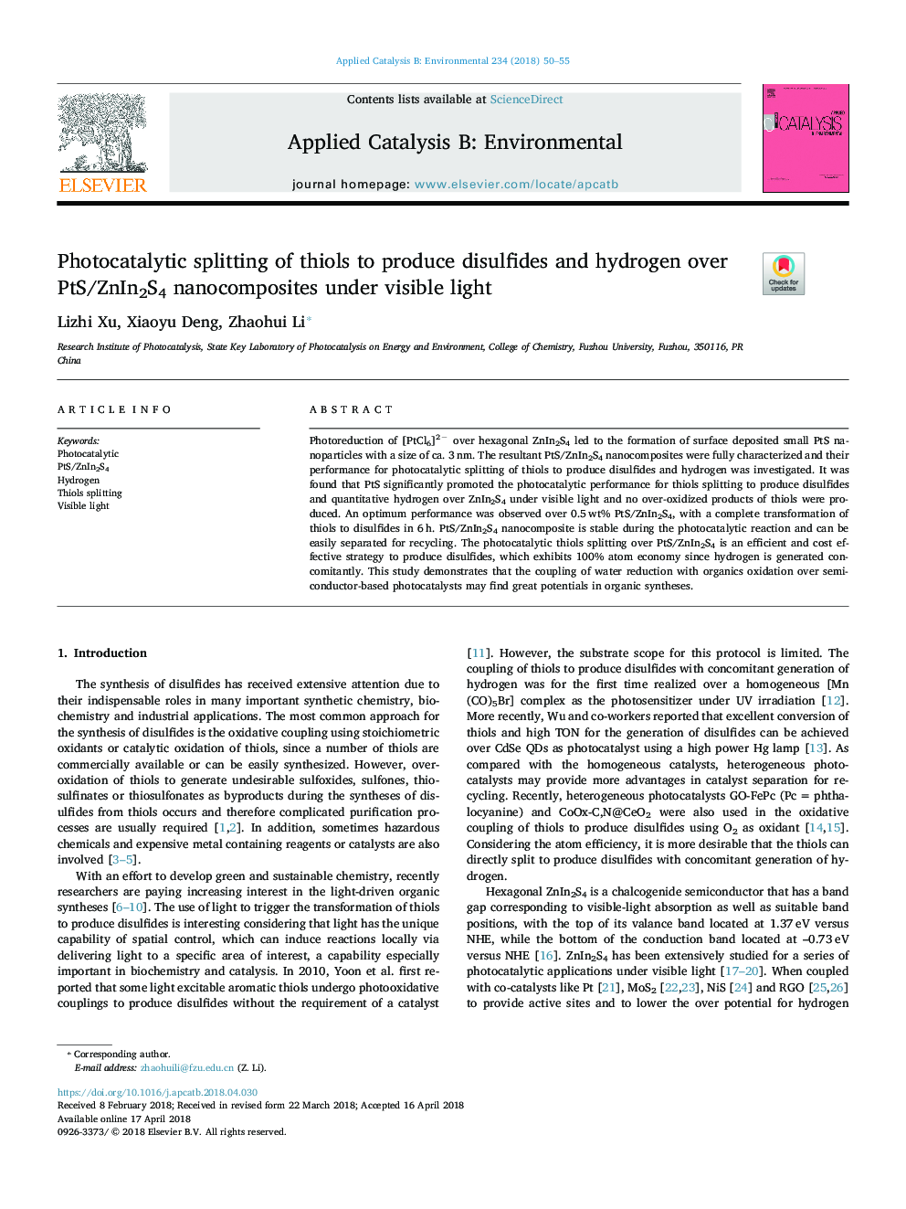 Photocatalytic splitting of thiols to produce disulfides and hydrogen over PtS/ZnIn2S4 nanocomposites under visible light