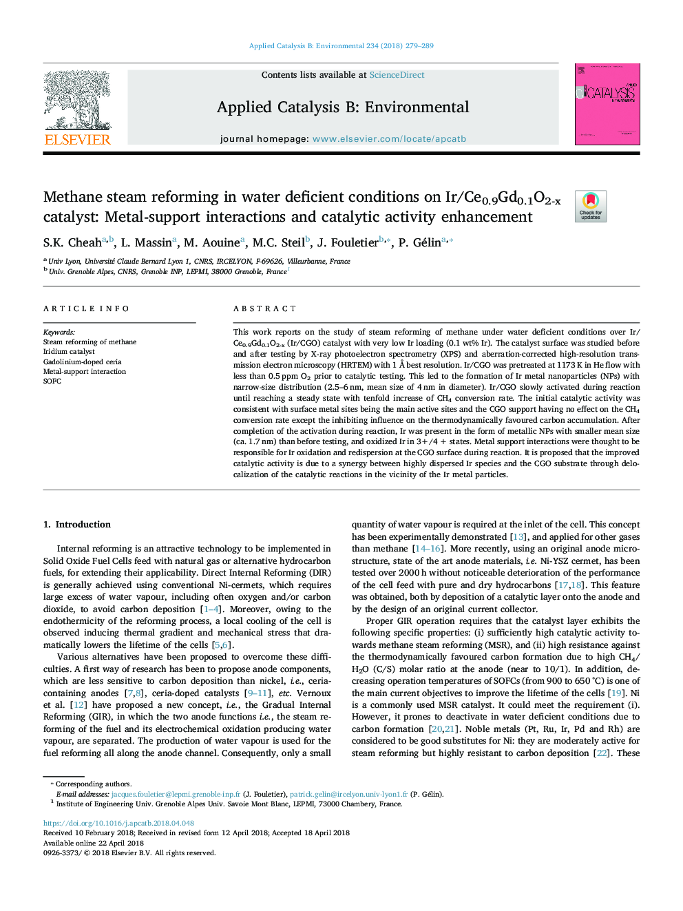 Methane steam reforming in water deficient conditions on Ir/Ce0.9Gd0.1O2-x catalyst: Metal-support interactions and catalytic activity enhancement