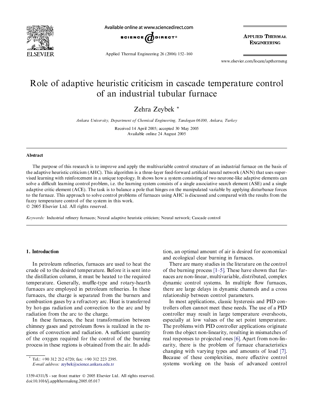 Role of adaptive heuristic criticism in cascade temperature control of an industrial tubular furnace