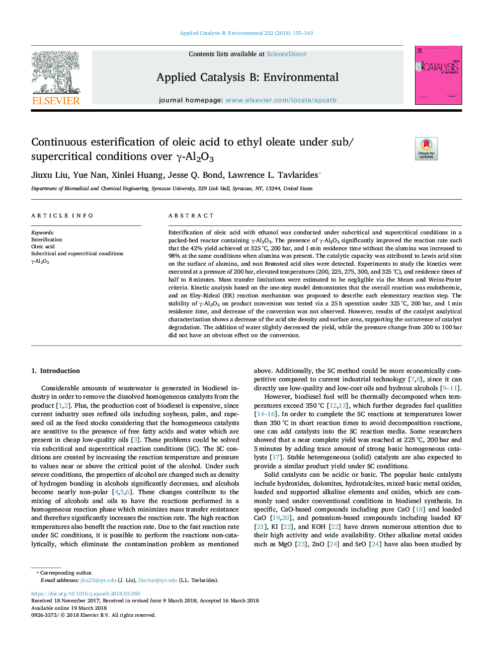 Continuous esterification of oleic acid to ethyl oleate under sub/supercritical conditions over Î³-Al2O3