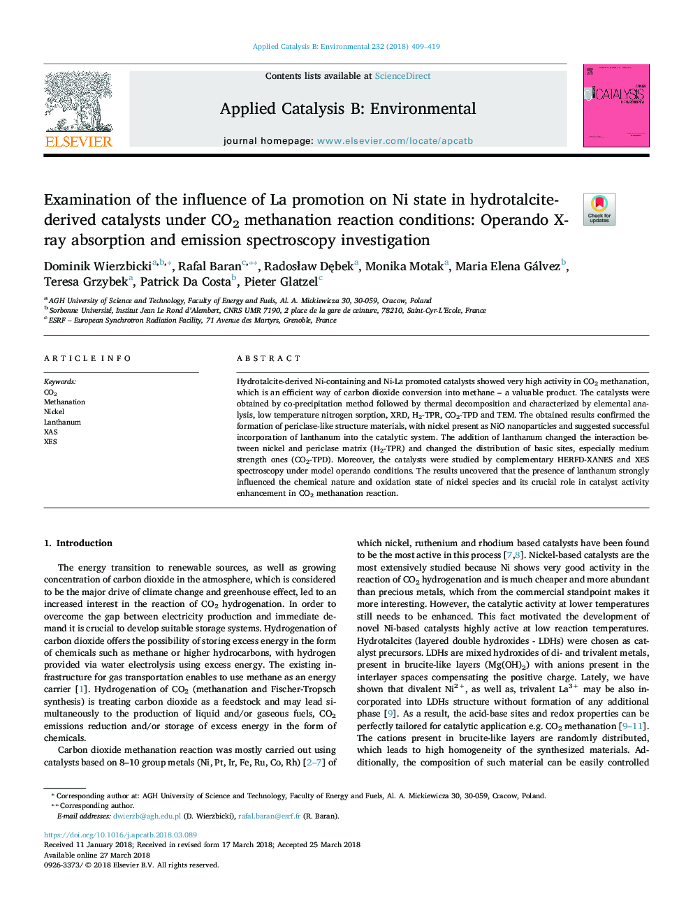 Examination of the influence of La promotion on Ni state in hydrotalcite-derived catalysts under CO2 methanation reaction conditions: Operando X-ray absorption and emission spectroscopy investigation