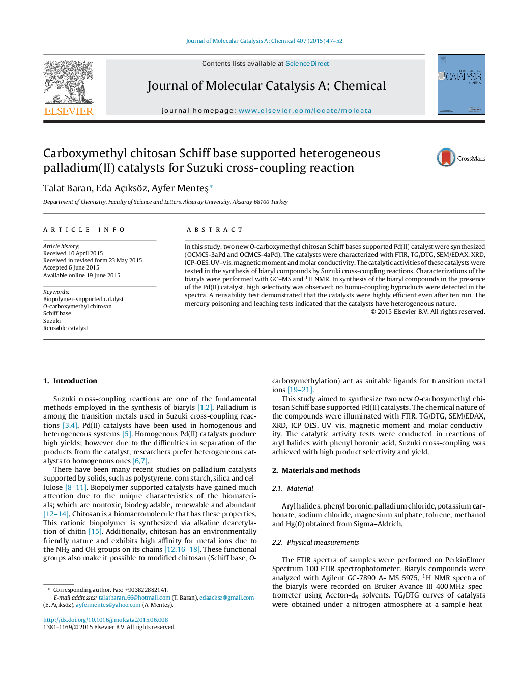 Carboxymethyl chitosan Schiff base supported heterogeneous palladium(II) catalysts for Suzuki cross-coupling reaction