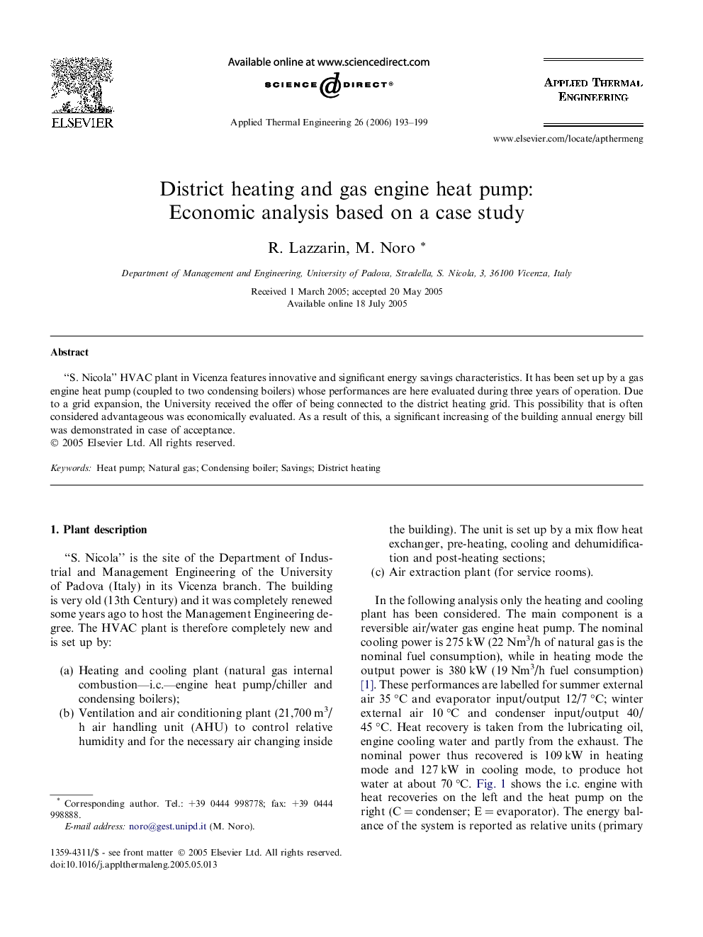 District heating and gas engine heat pump: Economic analysis based on a case study