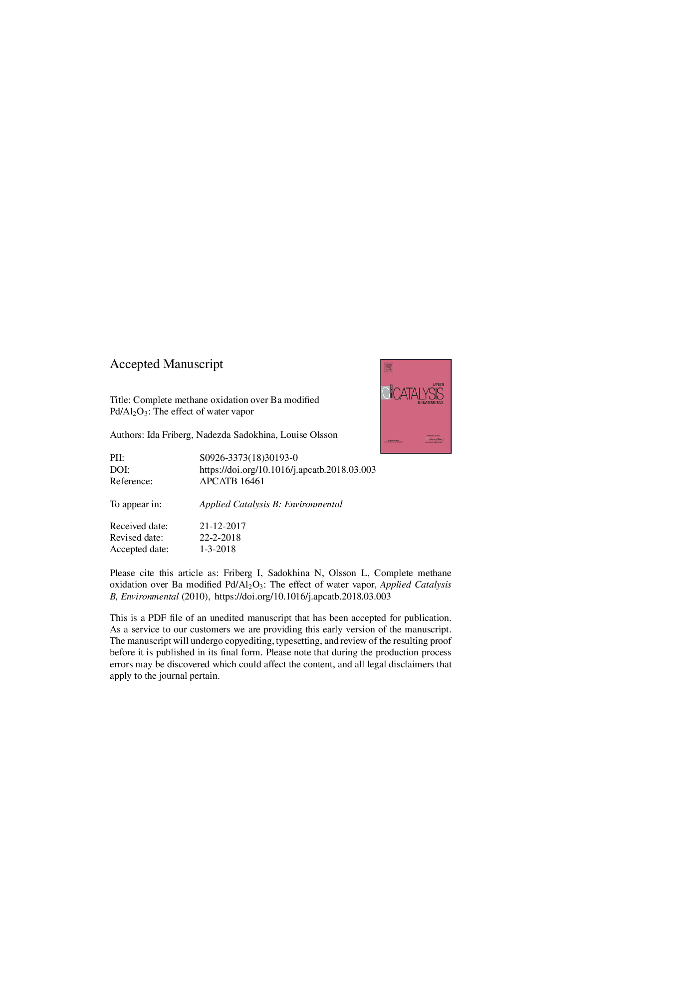 عکس صفحه اول مقاله: Complete methane oxidation over Ba modified Pd/Al2O3: The effect of water vapor Complete methane oxidation over Ba modified Pd/Al2O3: The effect of water vapor