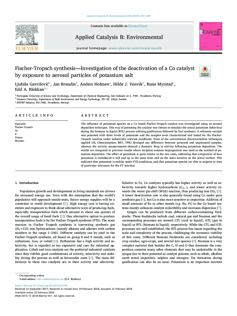 Fischer-Tropsch synthesis-Investigation of the deactivation of a Co catalyst by exposure to aerosol particles of potassium salt