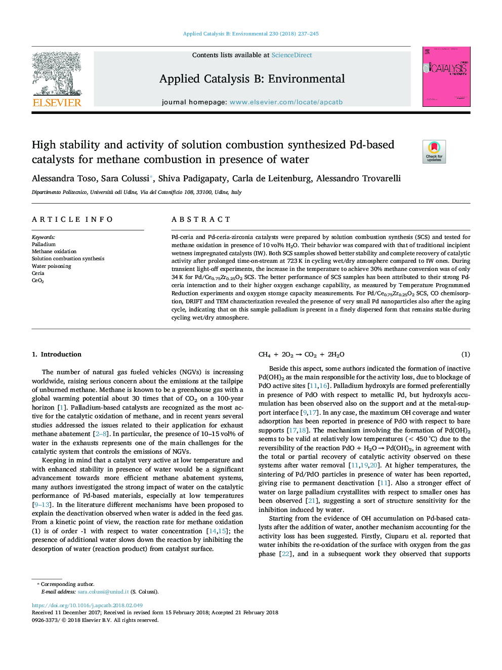 High stability and activity of solution combustion synthesized Pd-based catalysts for methane combustion in presence of water