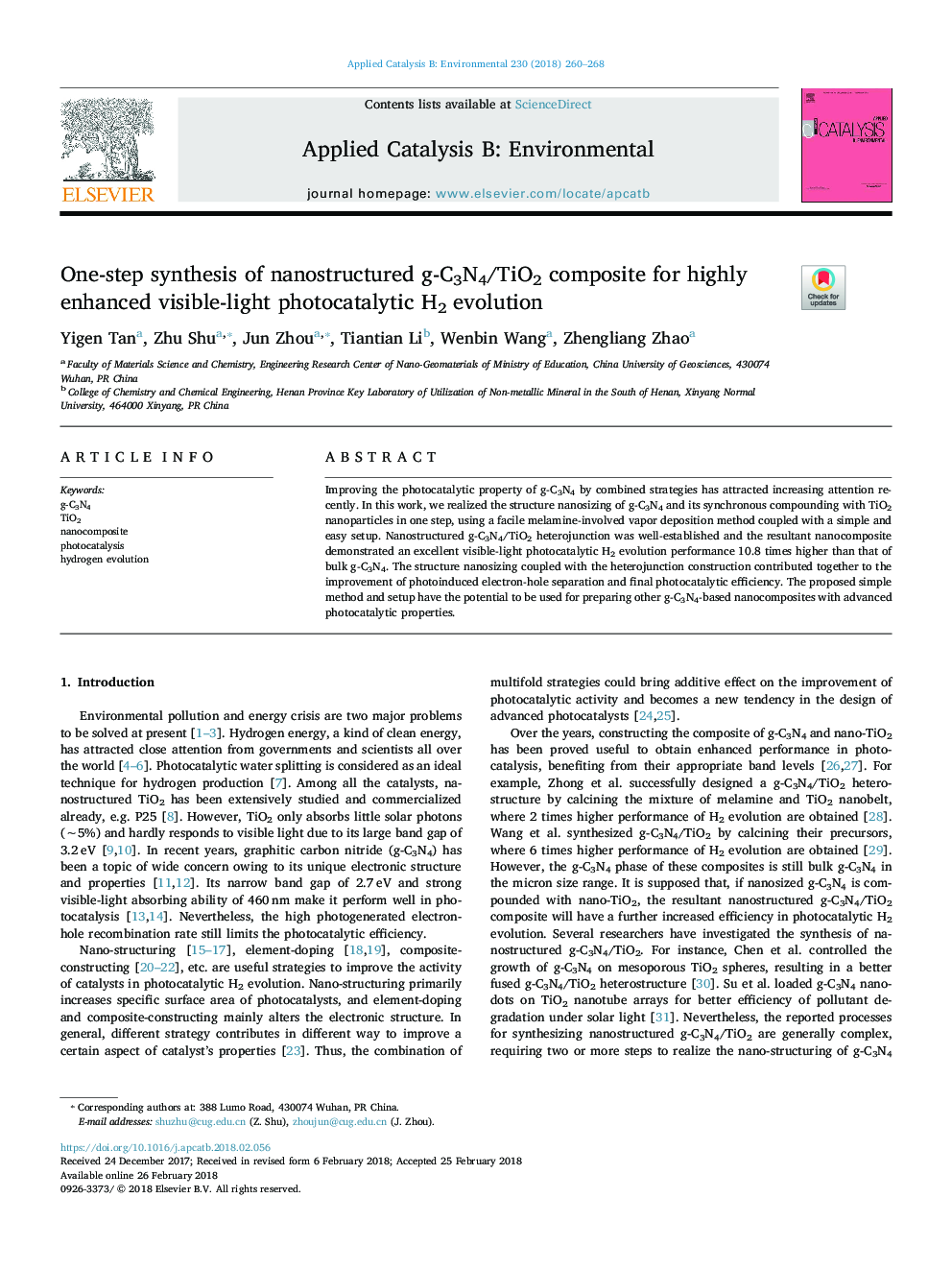 One-step synthesis of nanostructured g-C3N4/TiO2 composite for highly enhanced visible-light photocatalytic H2 evolution