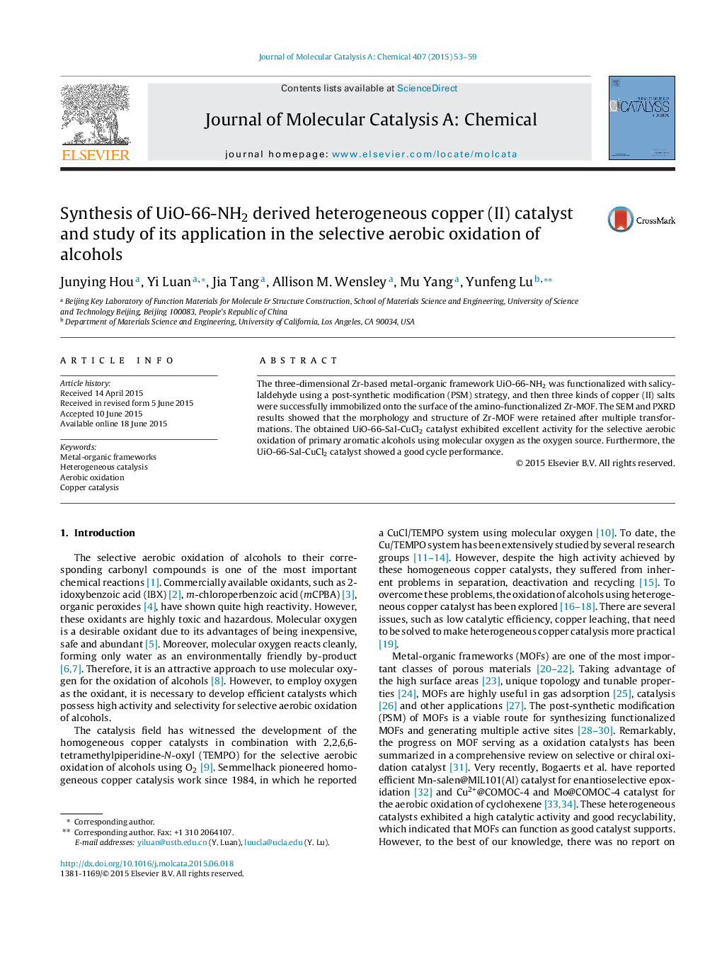 Synthesis of UiO-66-NH2 derived heterogeneous copper (II) catalyst and study of its application in the selective aerobic oxidation of alcohols