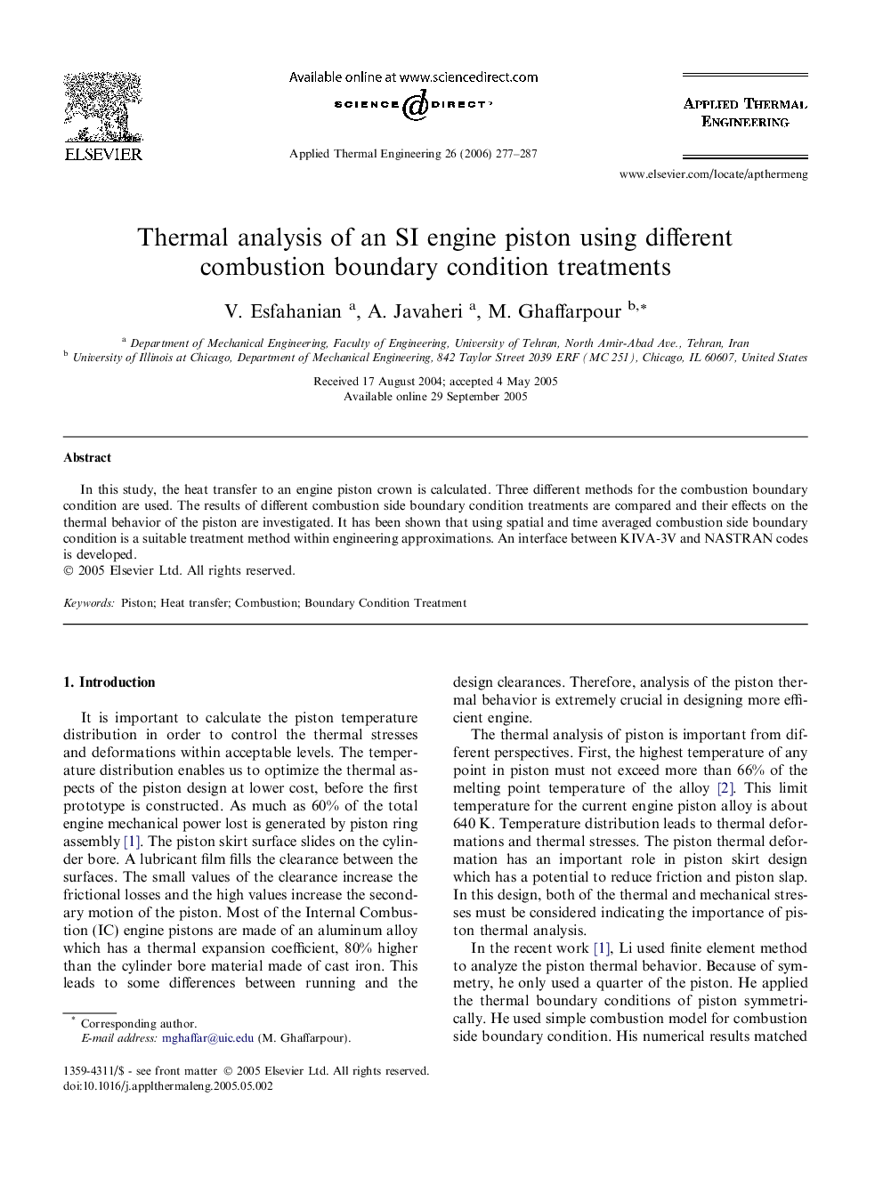 Thermal analysis of an SI engine piston using different combustion boundary condition treatments