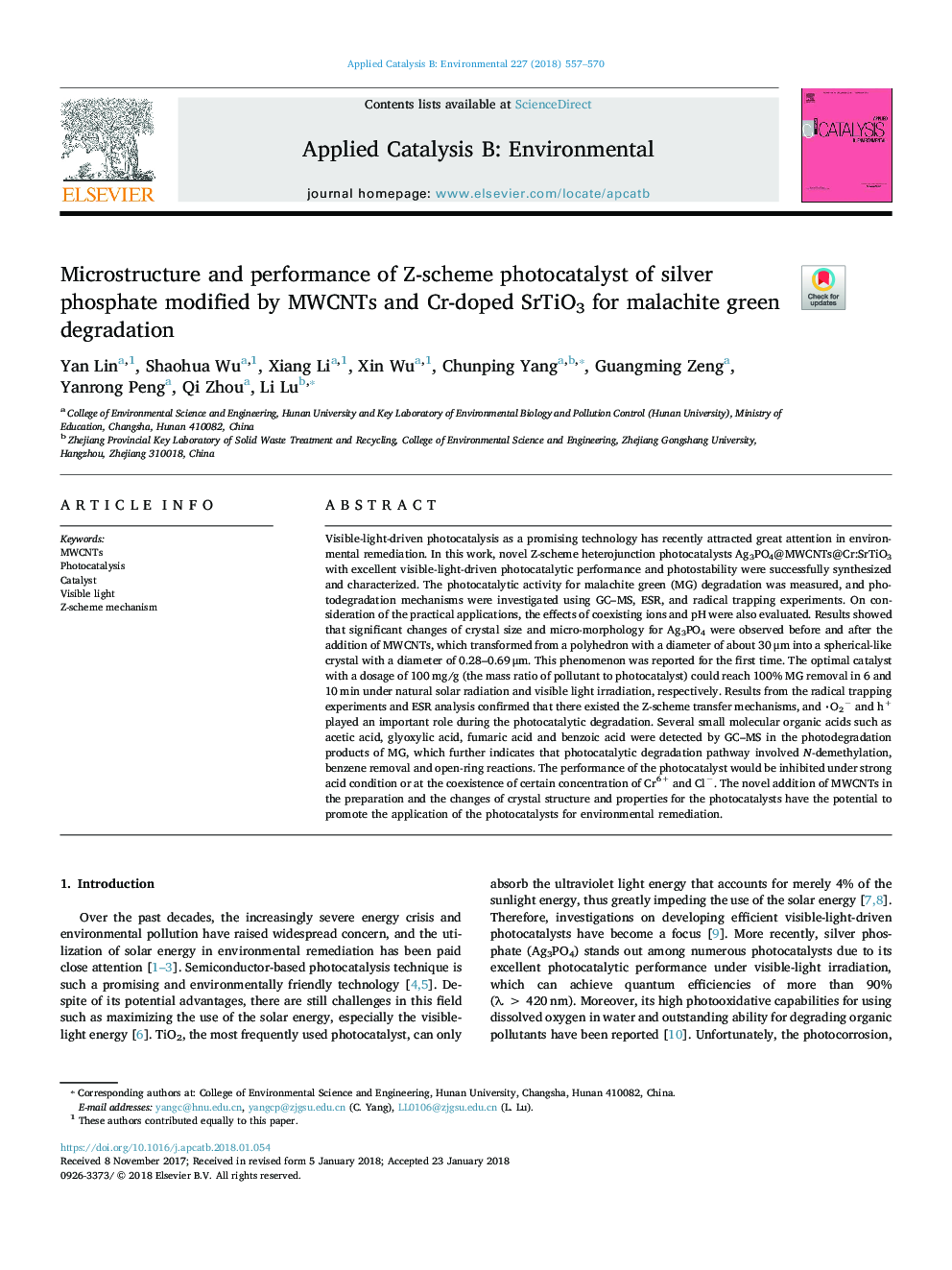 Microstructure and performance of Z-scheme photocatalyst of silver phosphate modified by MWCNTs and Cr-doped SrTiO3 for malachite green degradation