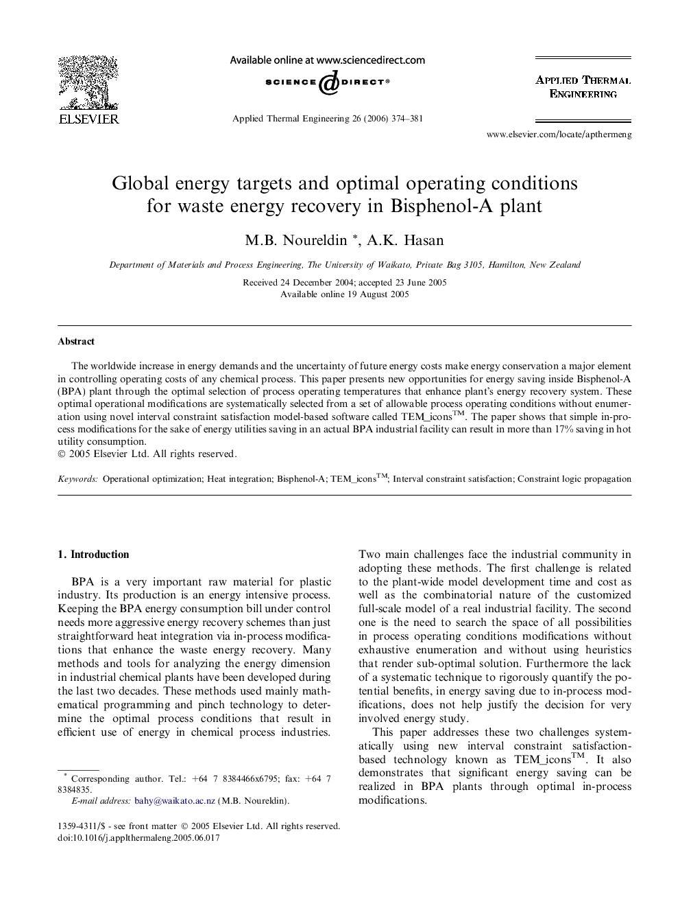 Global energy targets and optimal operating conditions for waste energy recovery in Bisphenol-A plant