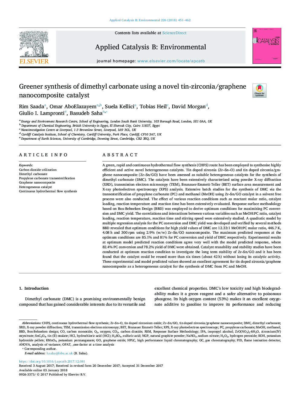 Greener synthesis of dimethyl carbonate using a novel tin-zirconia/graphene nanocomposite catalyst