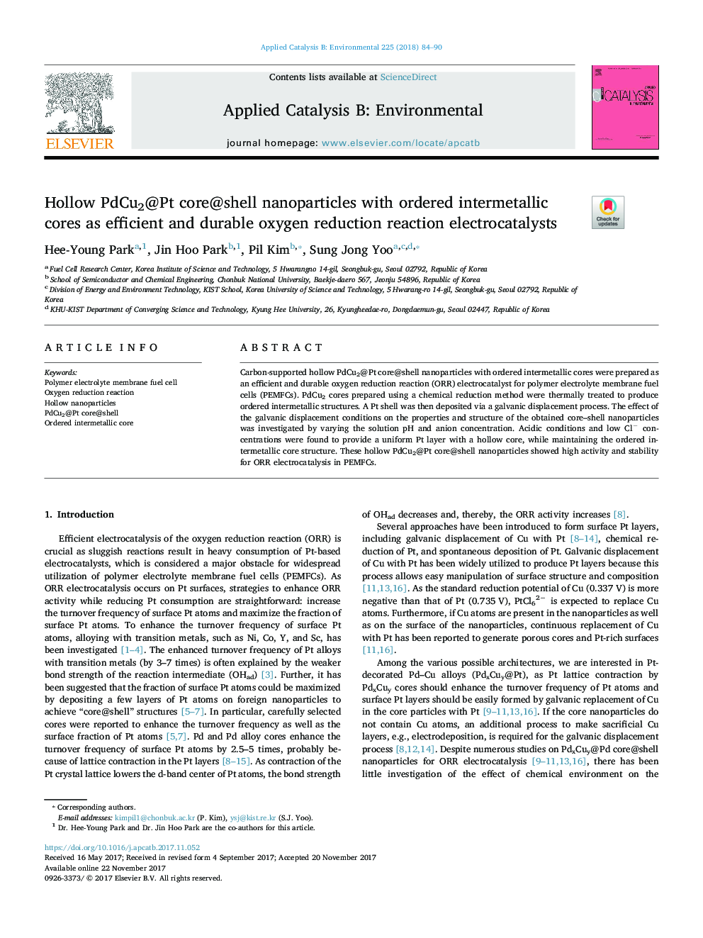 عکس صفحه اول مقاله: Hollow PdCu2@Pt core@shell nanoparticles with ordered intermetallic cores as efficient and durable oxygen reduction reaction electrocatalysts Hollow PdCu2@Pt core@shell nanoparticles with ordered intermetallic cores as efficient and durable oxygen reduction reaction electrocatalysts
