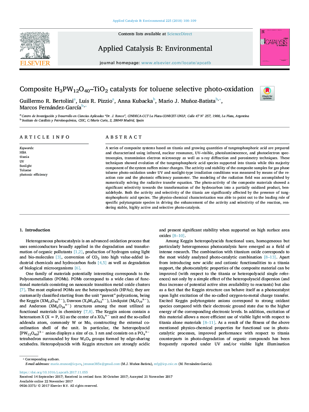 Composite H3PW12O40-TiO2 catalysts for toluene selective photo-oxidation