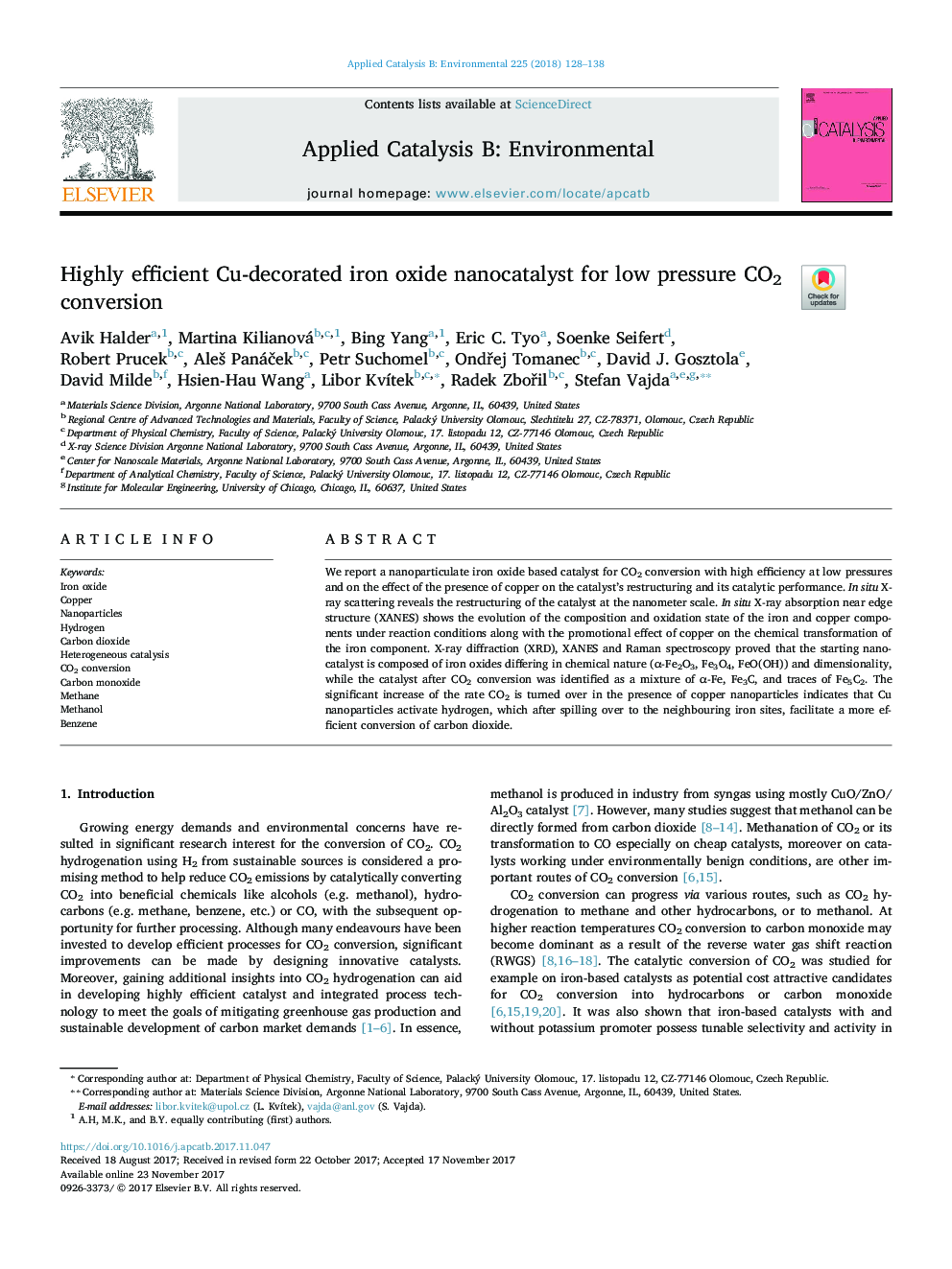 Highly efficient Cu-decorated iron oxide nanocatalyst for low pressure CO2 conversion