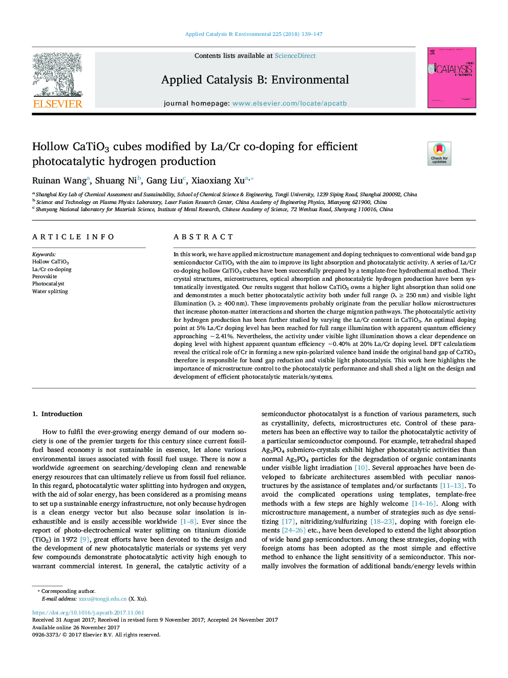 Hollow CaTiO3 cubes modified by La/Cr co-doping for efficient photocatalytic hydrogen production