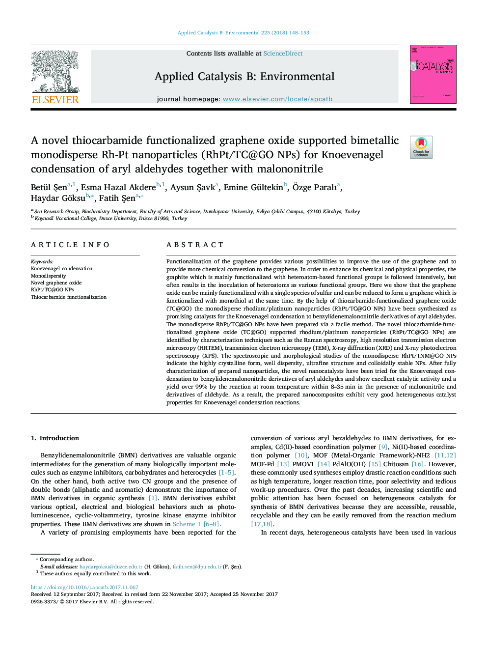 A novel thiocarbamide functionalized graphene oxide supported bimetallic monodisperse Rh-Pt nanoparticles (RhPt/TC@GO NPs) for Knoevenagel condensation of aryl aldehydes together with malononitrile