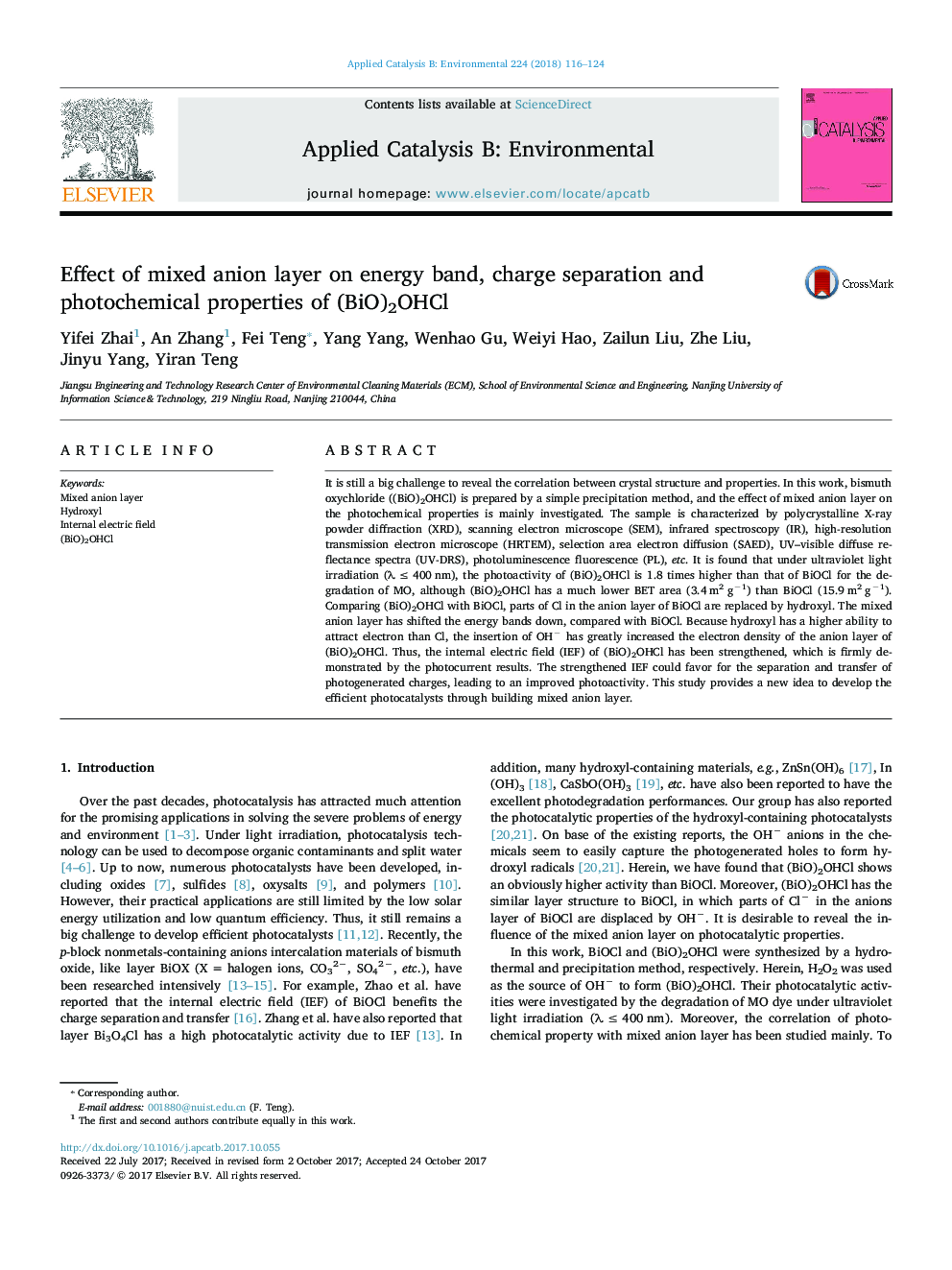 Effect of mixed anion layer on energy band, charge separation and photochemical properties of (BiO)2OHCl