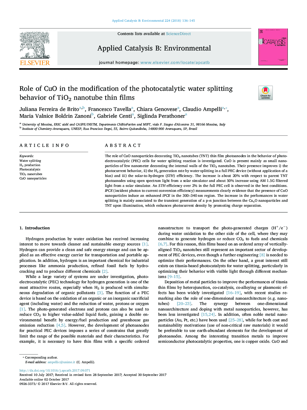 Role of CuO in the modification of the photocatalytic water splitting behavior of TiO2 nanotube thin films