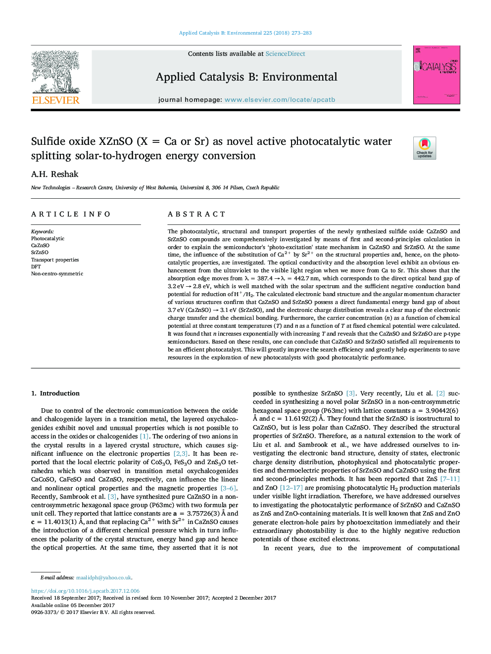 Sulfide oxide XZnSO (XÂ =Â Ca or Sr) as novel active photocatalytic water splitting solar-to-hydrogen energy conversion