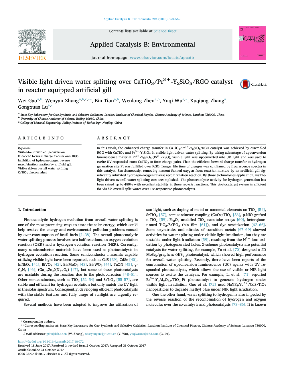 Visible light driven water splitting over CaTiO3/Pr3+-Y2SiO5/RGO catalyst in reactor equipped artificial gill
