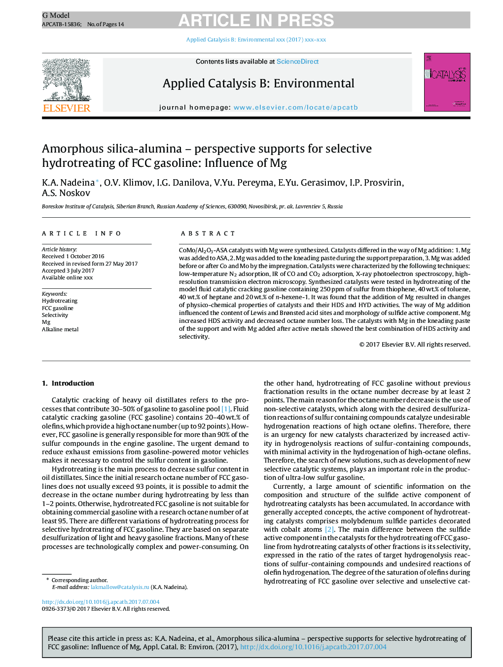 Amorphous silica-alumina - perspective supports for selective hydrotreating of FCC gasoline: Influence of Mg