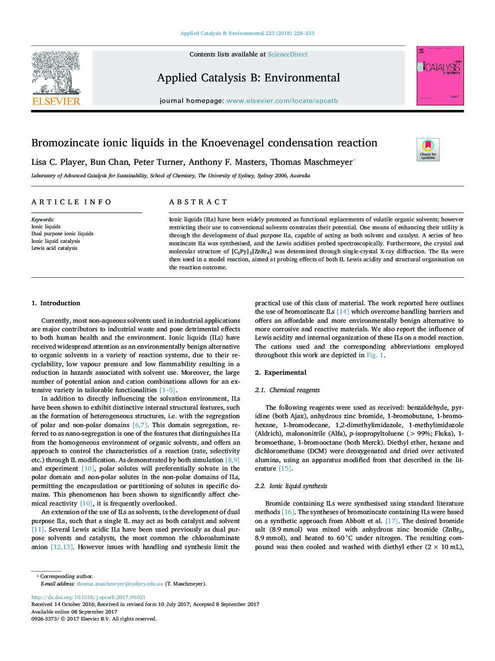 عکس صفحه اول مقاله: Bromozincate ionic liquids in the Knoevenagel condensation reaction Bromozincate ionic liquids in the Knoevenagel condensation reaction