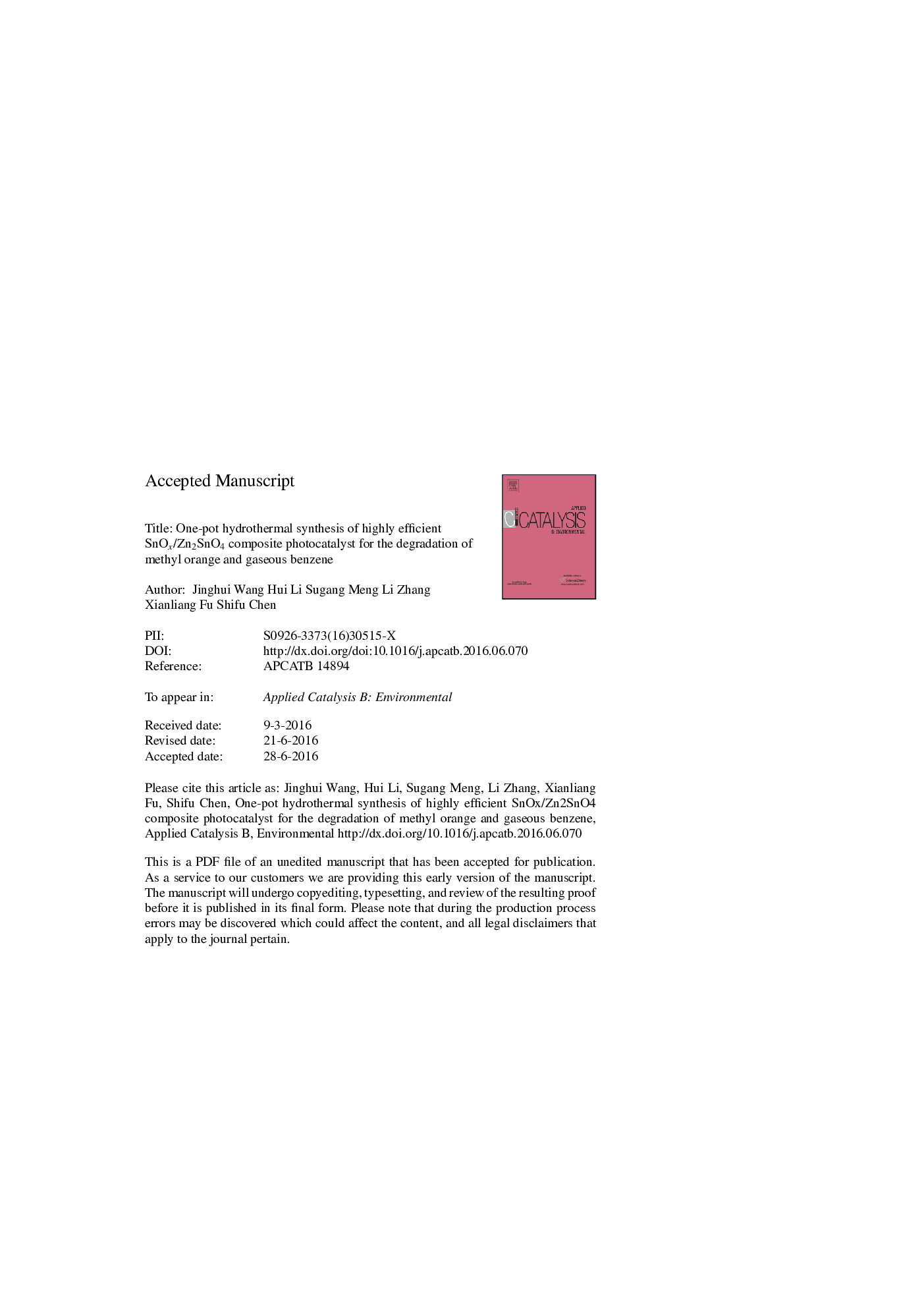 عکس صفحه اول مقاله: One-pot hydrothermal synthesis of highly efficient SnOx/Zn2SnO4 composite photocatalyst for the degradation of methyl orange and gaseous benzene One-pot hydrothermal synthesis of highly efficient SnOx/Zn2SnO4 composite photocatalyst for the degradation of methyl orange and gaseous benzene
