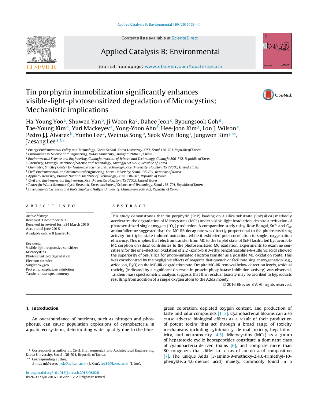 Tin porphyrin immobilization significantly enhances visible-light-photosensitized degradation of Microcystins: Mechanistic implications