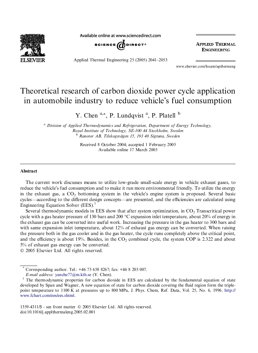 Theoretical research of carbon dioxide power cycle application in automobile industry to reduce vehicle’s fuel consumption