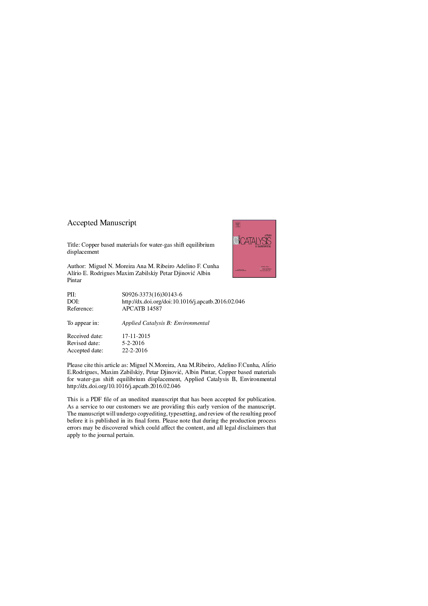 Copper based materials for water-gas shift equilibrium displacement