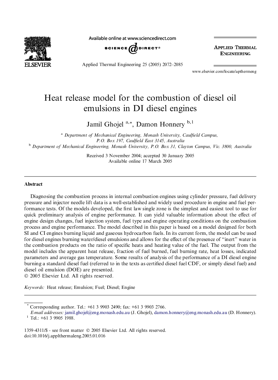 Heat release model for the combustion of diesel oil emulsions in DI diesel engines